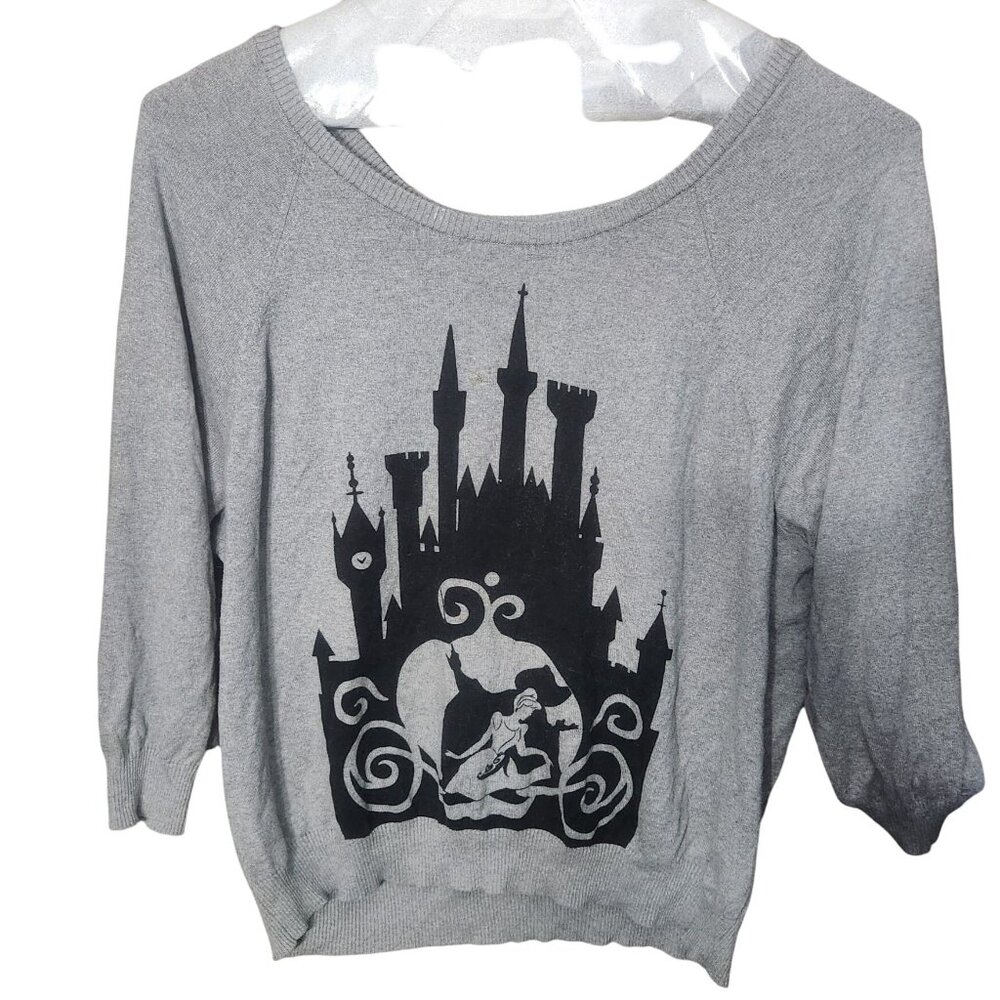 Disney Castle Graphic Gray Sweater Womens Pullover Scoop Neck 3/4 Sleeve No Tag